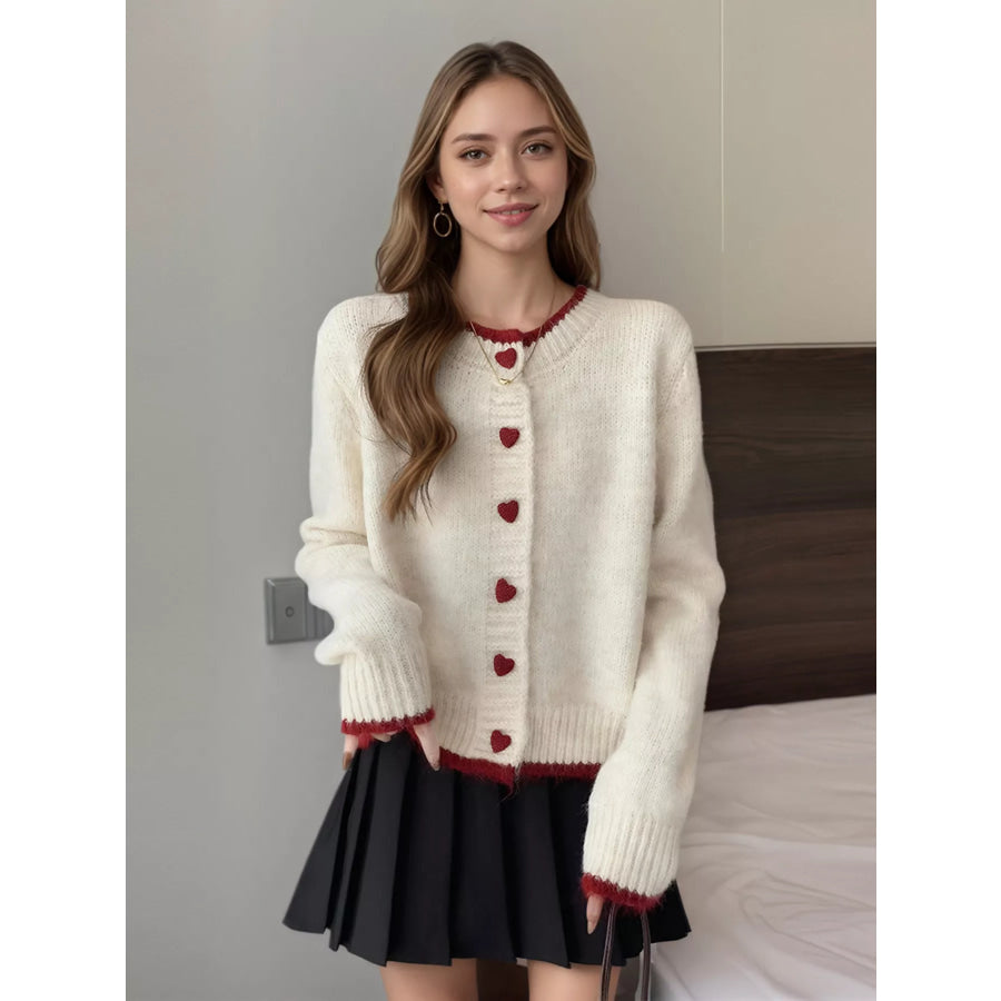 Heart Button Up Knit Cardigan Ivory / One Size Apparel and Accessories