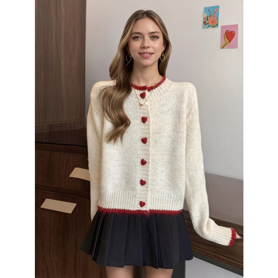 Heart Button Up Knit Cardigan Ivory / One Size Apparel and Accessories