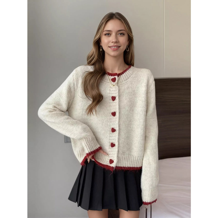 Heart Button Up Knit Cardigan Ivory / One Size Apparel and Accessories