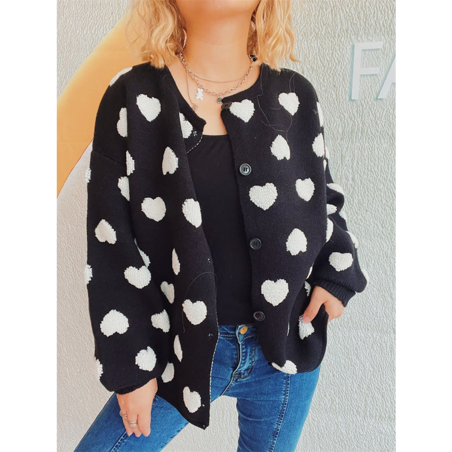 Heart Button Up Long Sleeve Cardigan Black / One Size Apparel and Accessories