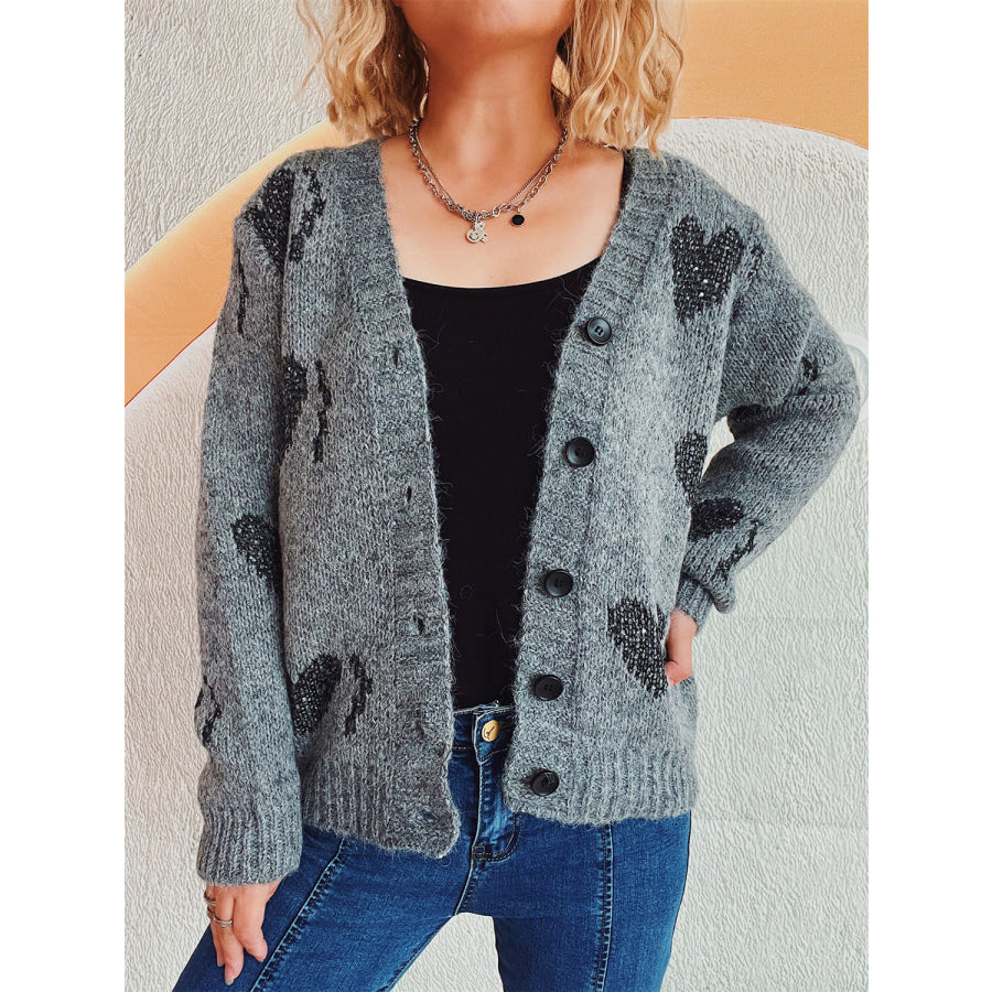 Heart Button Up Long Sleeve Cardigan Dark Gray / One Size Apparel and Accessories