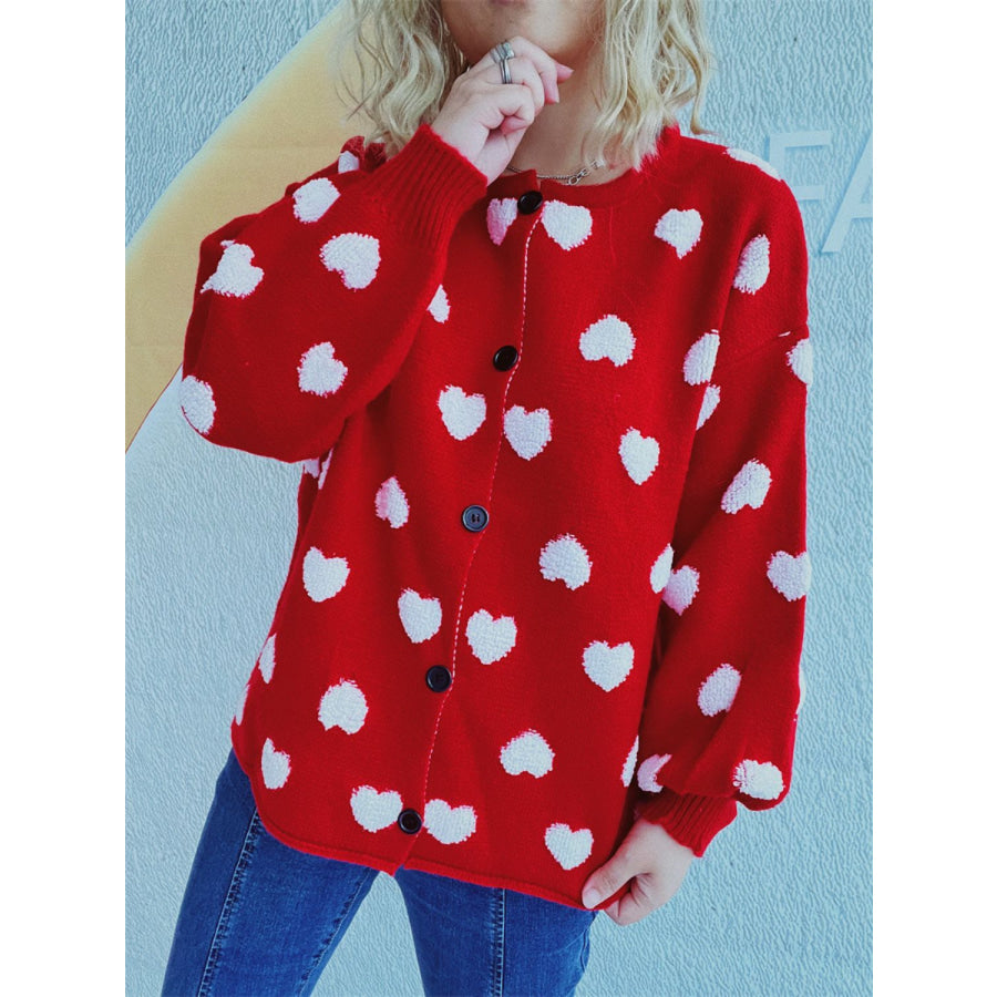 Heart Button Up Long Sleeve Cardigan Deep Red / One Size Apparel and Accessories