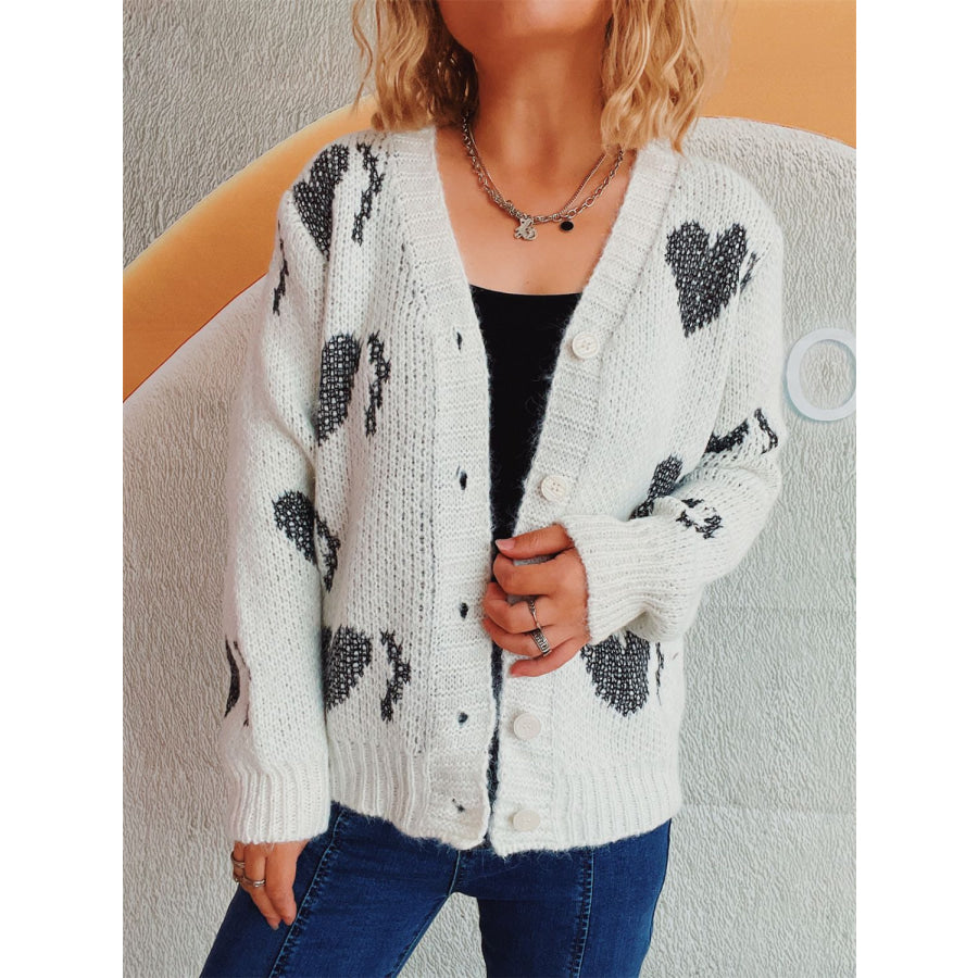 Heart Button Up Long Sleeve Cardigan White / One Size Apparel and Accessories