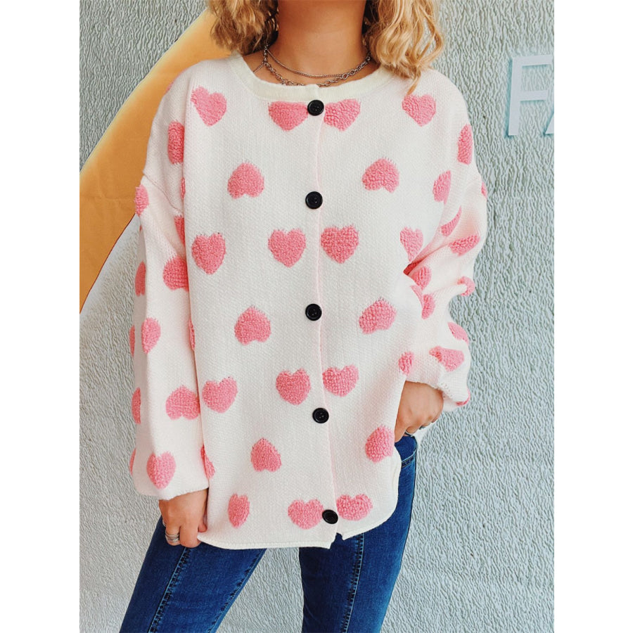 Heart Button Up Long Sleeve Cardigan White / One Size Apparel and Accessories