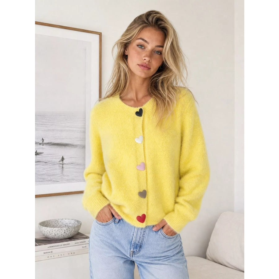 Heart Buttons Fuzzy Cardigan Apparel and Accessories