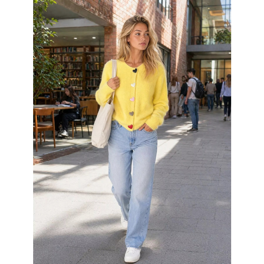 Heart Buttons Fuzzy Cardigan Apparel and Accessories