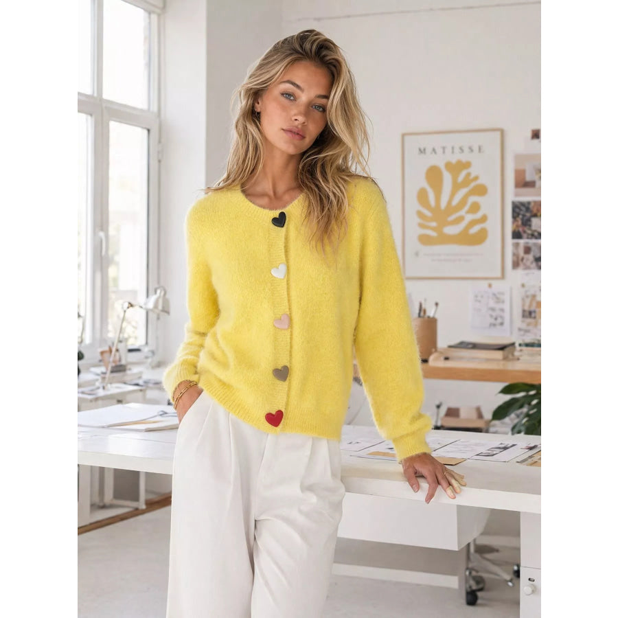 Heart Buttons Fuzzy Cardigan Apparel and Accessories