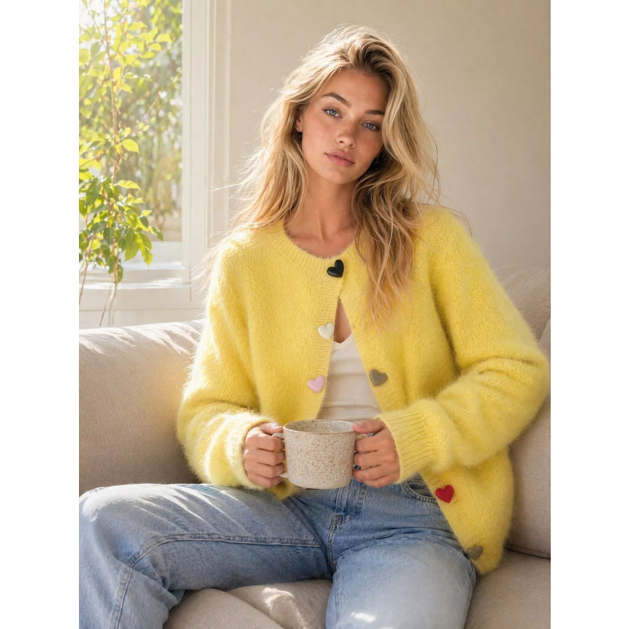 Heart Buttons Fuzzy Cardigan Apparel and Accessories