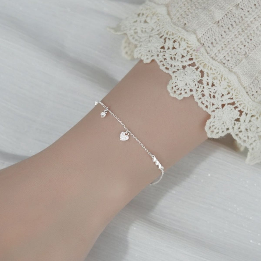 Heart Charm 925 Sterling Silver Bracelet Silver / One Size Apparel and Accessories