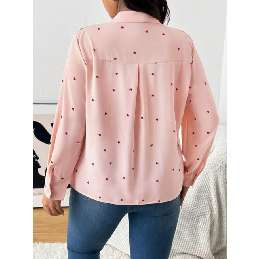 Heart Collared Neck Long Sleeve Shirt Apparel and Accessories