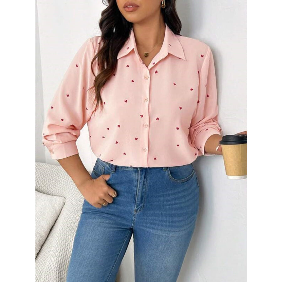 Heart Collared Neck Long Sleeve Shirt Watermelon pink / S Apparel and Accessories