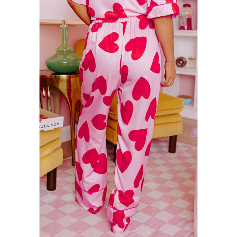 Heart Collared Neck Short Sleeve Top and Pants Lounge Set Apparel and Accessories