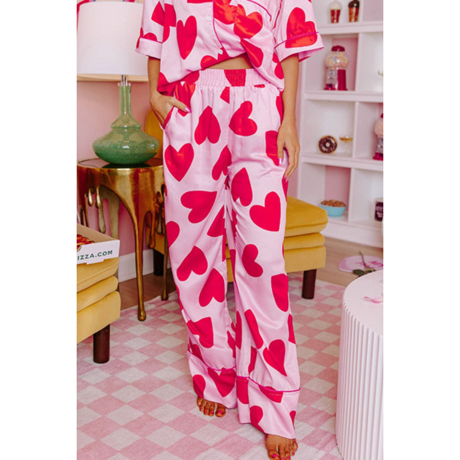 Heart Collared Neck Short Sleeve Top and Pants Lounge Set Pink / S Apparel and Accessories