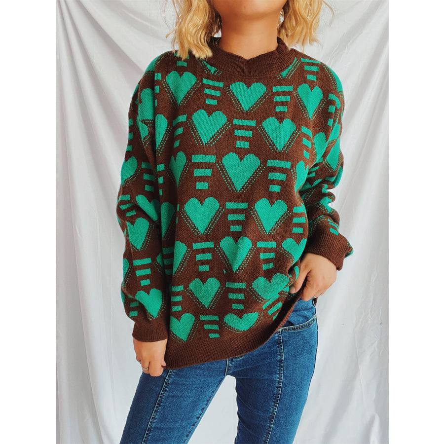 Heart Contrast Long Sleeve Dropped Shoulder Sweater Apparel and Accessories