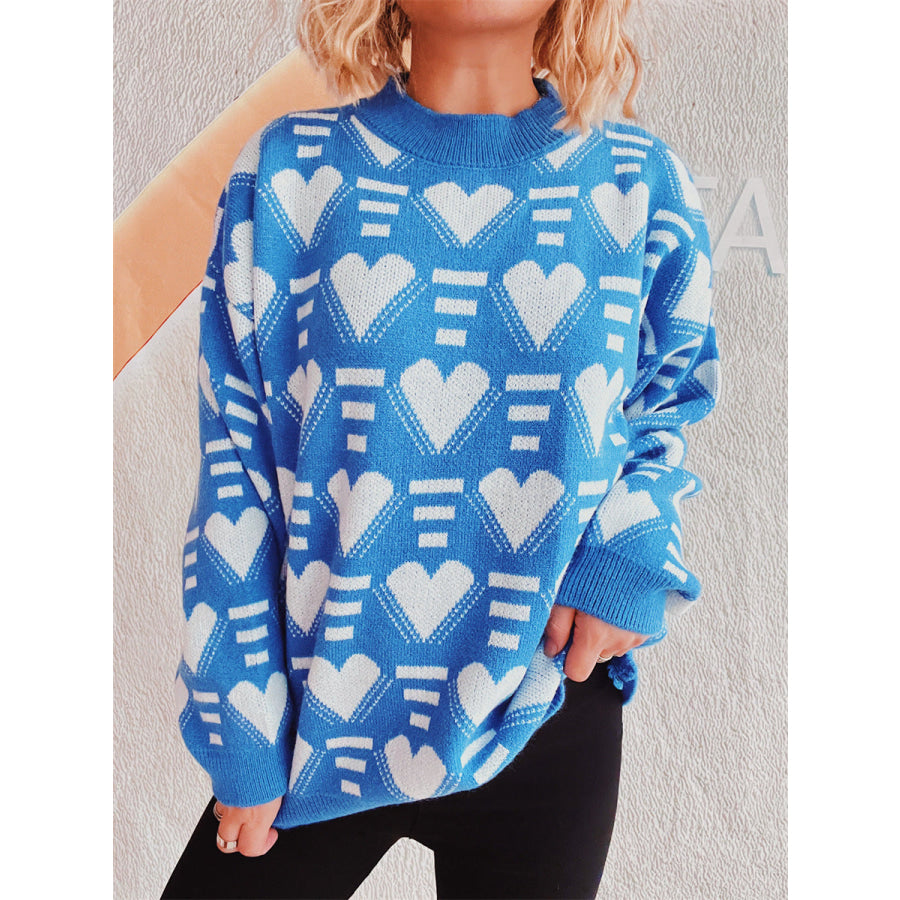 Heart Contrast Long Sleeve Dropped Shoulder Sweater Apparel and Accessories