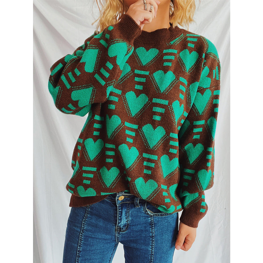 Heart Contrast Long Sleeve Dropped Shoulder Sweater Apparel and Accessories