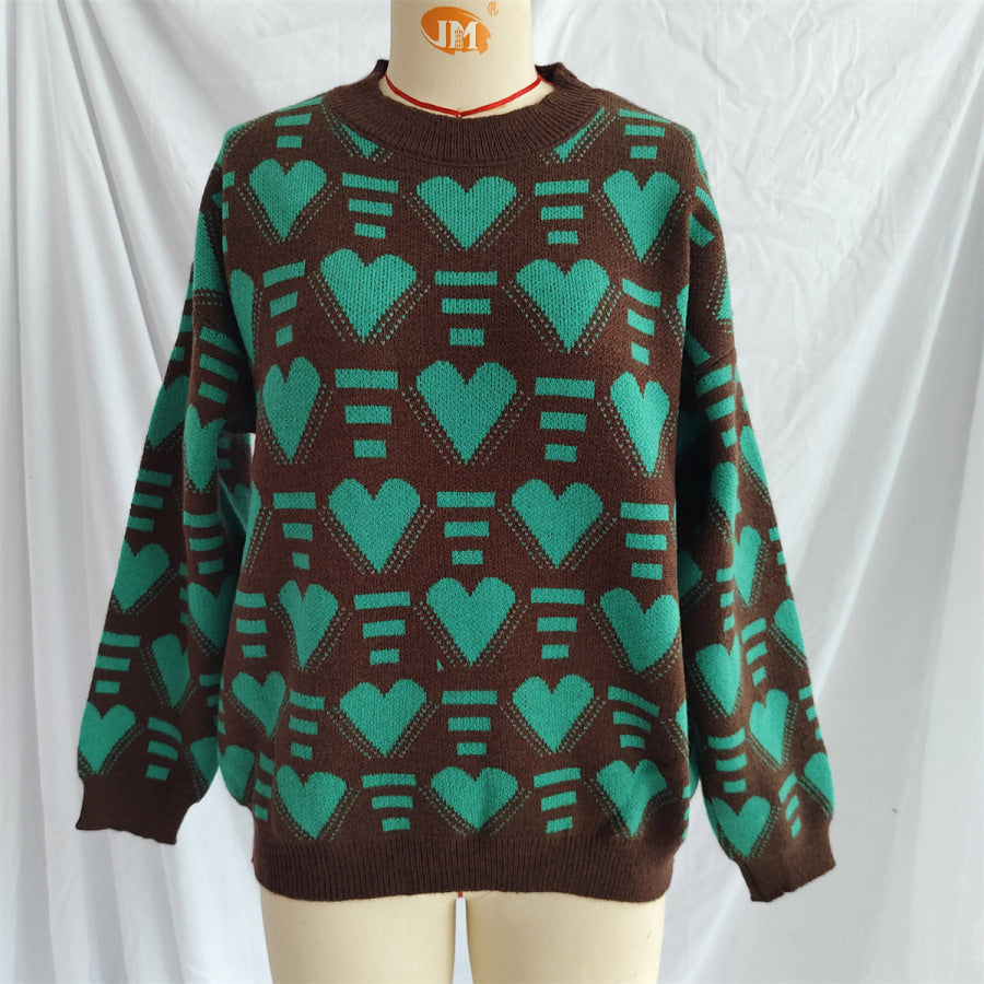 Heart Contrast Long Sleeve Dropped Shoulder Sweater Apparel and Accessories