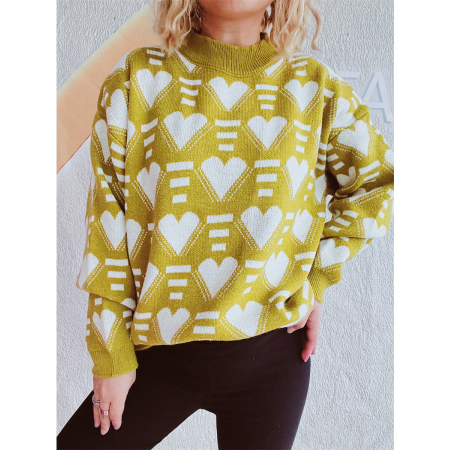 Heart Contrast Long Sleeve Dropped Shoulder Sweater Apparel and Accessories