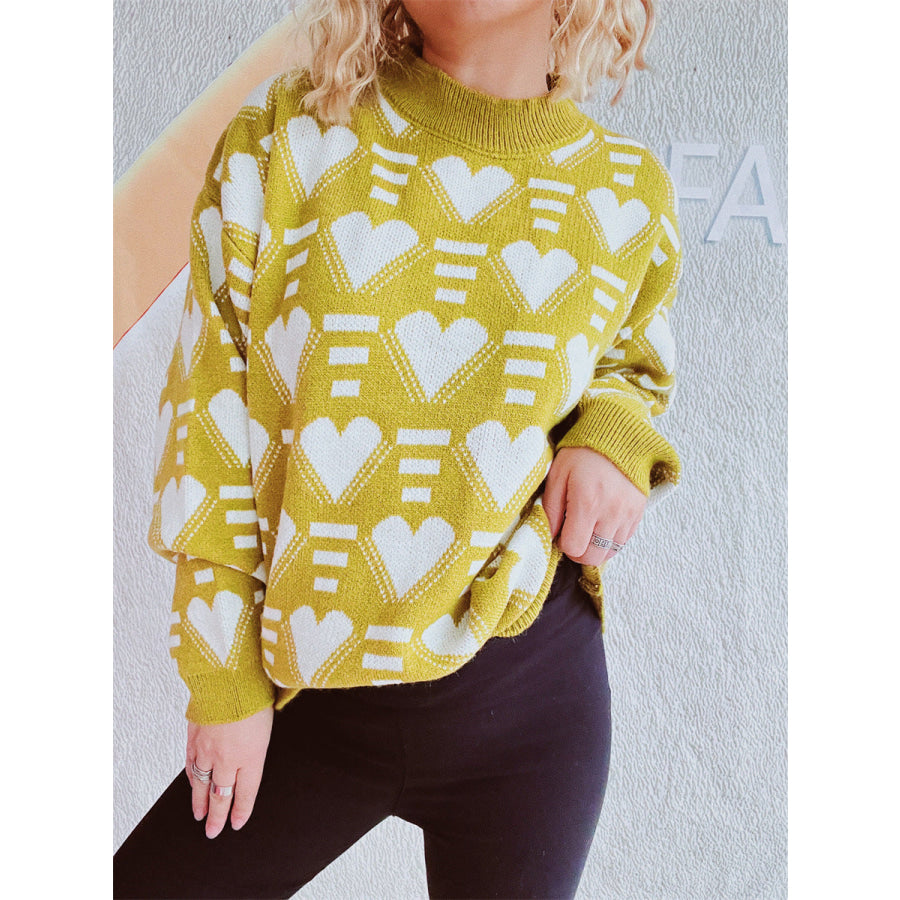 Heart Contrast Long Sleeve Dropped Shoulder Sweater Apparel and Accessories