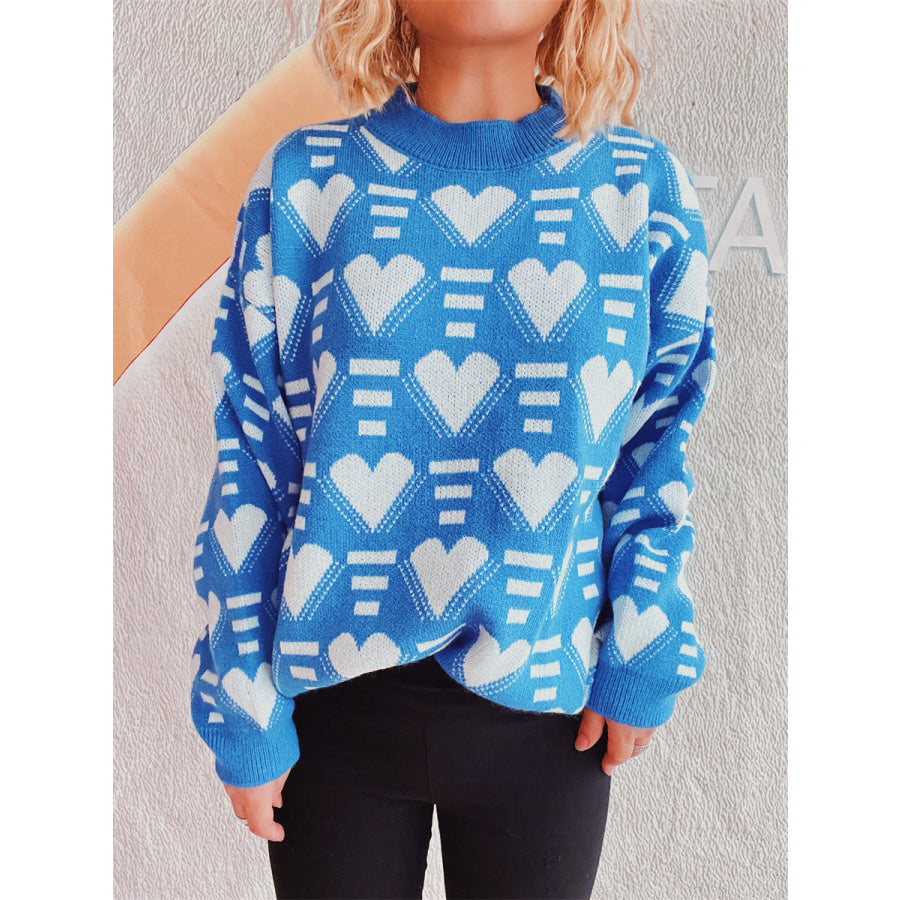 Heart Contrast Long Sleeve Dropped Shoulder Sweater Apparel and Accessories