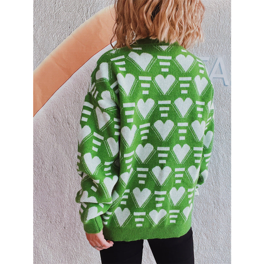 Heart Contrast Long Sleeve Dropped Shoulder Sweater Apparel and Accessories