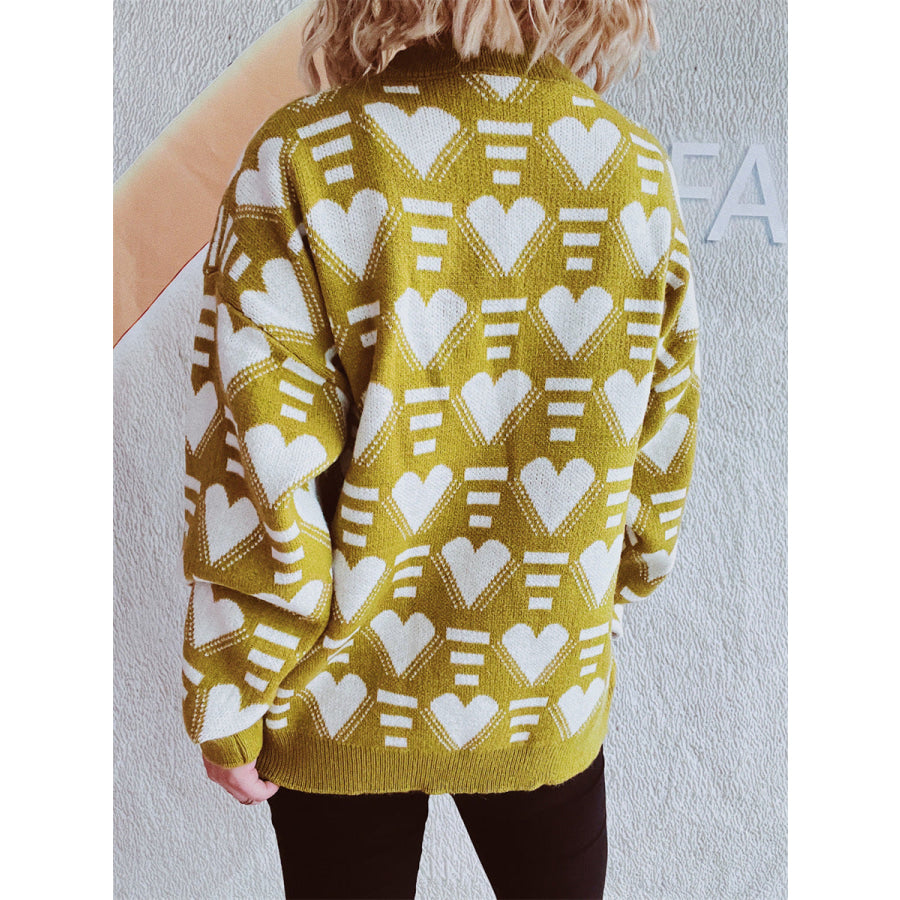 Heart Contrast Long Sleeve Dropped Shoulder Sweater Apparel and Accessories