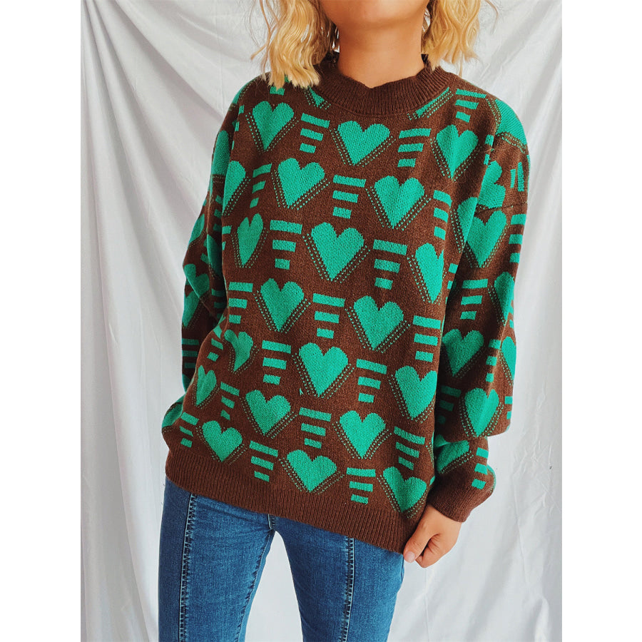 Heart Contrast Long Sleeve Dropped Shoulder Sweater Apparel and Accessories