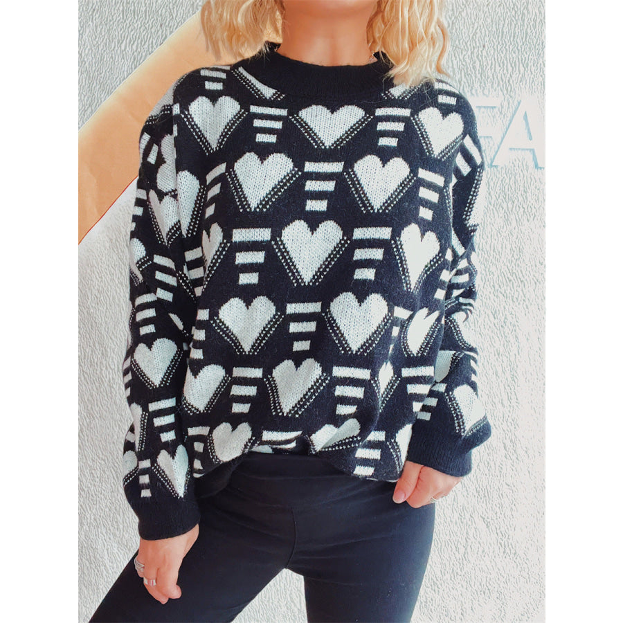 Heart Contrast Long Sleeve Dropped Shoulder Sweater Apparel and Accessories