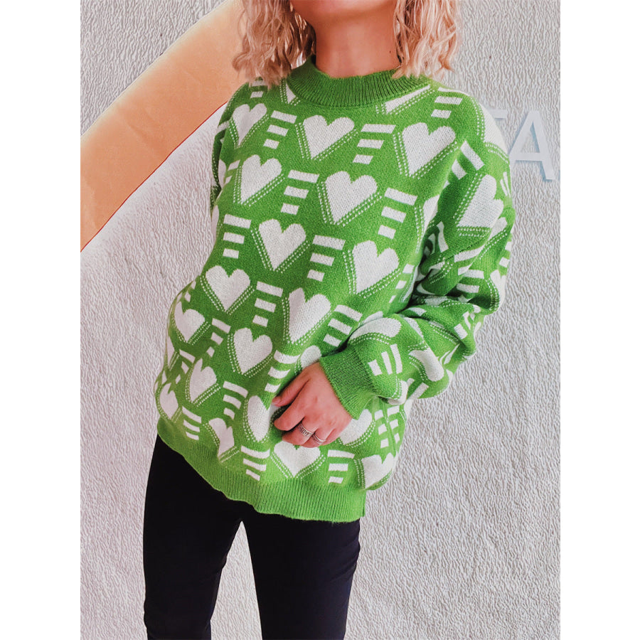 Heart Contrast Long Sleeve Dropped Shoulder Sweater Apparel and Accessories