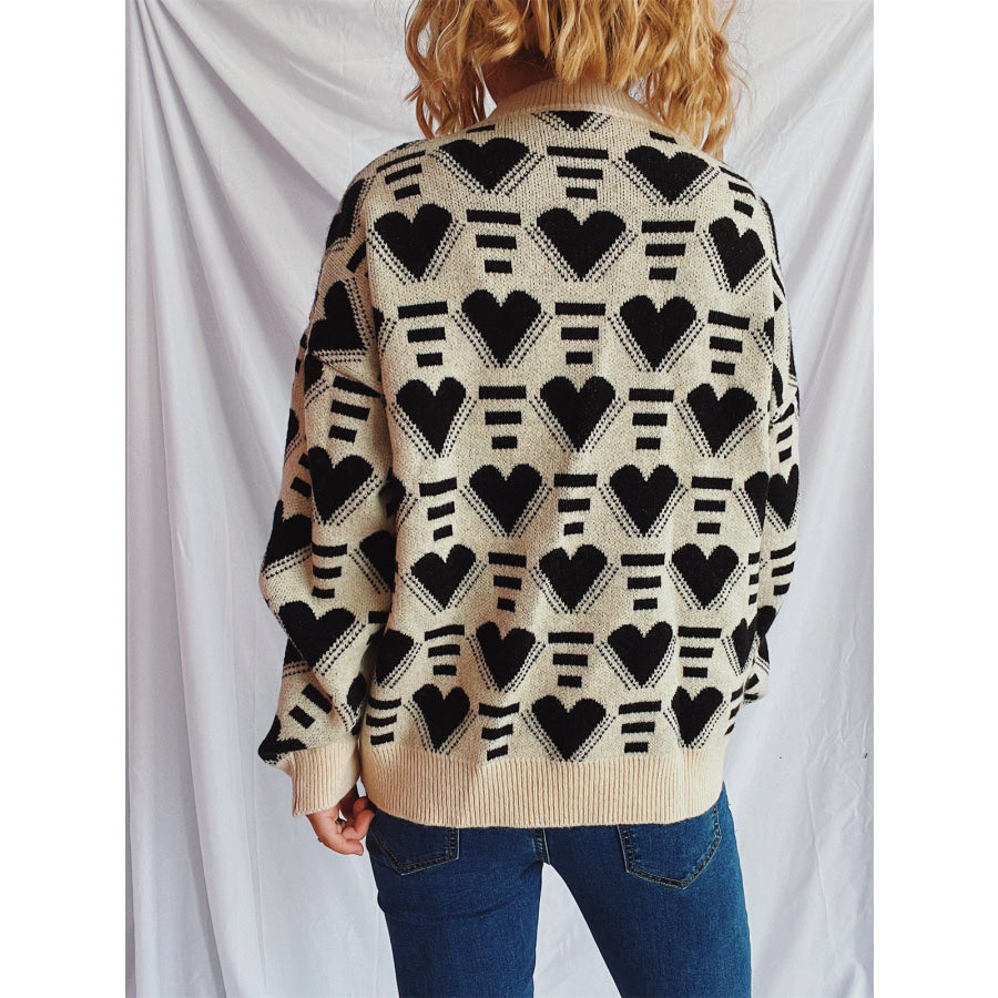 Heart Contrast Long Sleeve Dropped Shoulder Sweater Apparel and Accessories