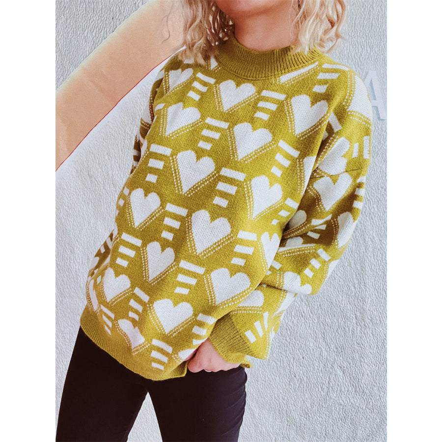 Heart Contrast Long Sleeve Dropped Shoulder Sweater Apparel and Accessories