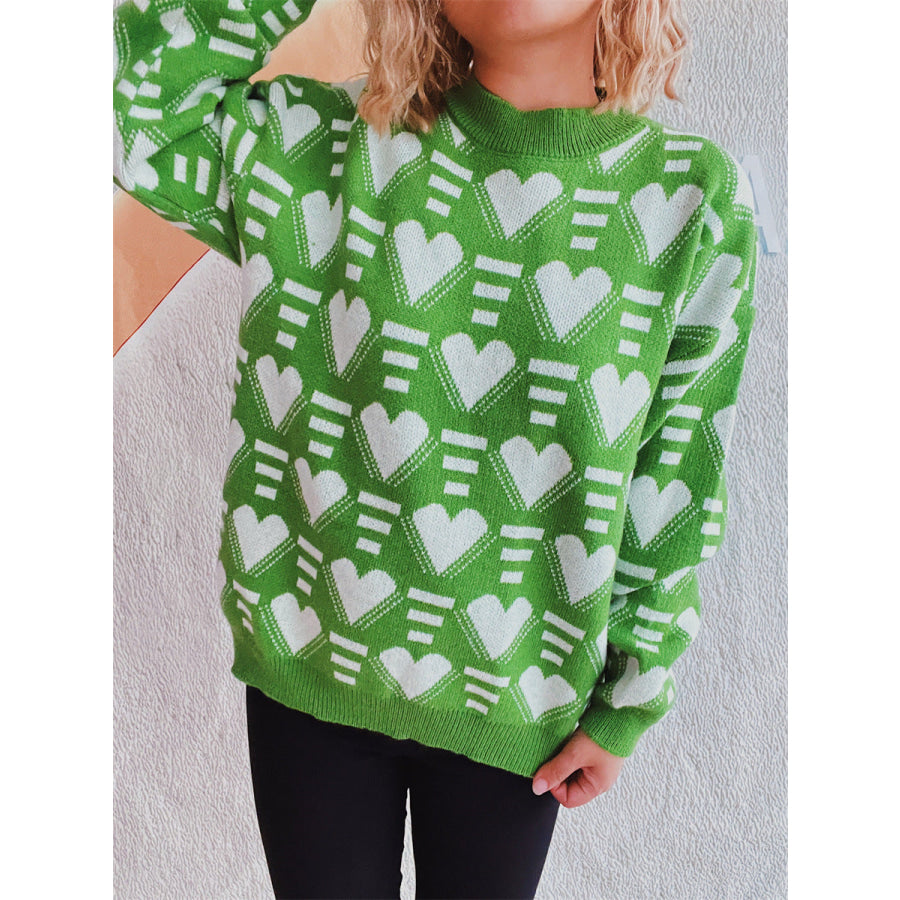 Heart Contrast Long Sleeve Dropped Shoulder Sweater Apparel and Accessories