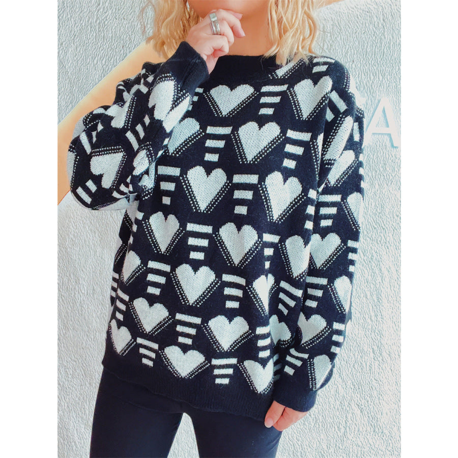 Heart Contrast Long Sleeve Dropped Shoulder Sweater Apparel and Accessories