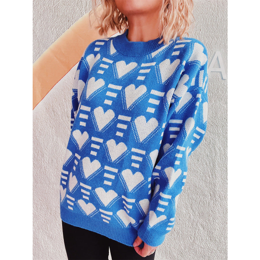 Heart Contrast Long Sleeve Dropped Shoulder Sweater Apparel and Accessories