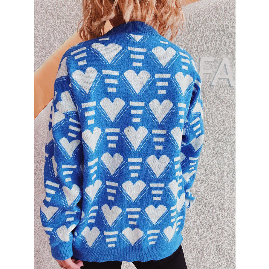 Heart Contrast Long Sleeve Dropped Shoulder Sweater Apparel and Accessories