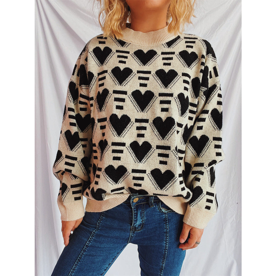 Heart Contrast Long Sleeve Dropped Shoulder Sweater Apparel and Accessories