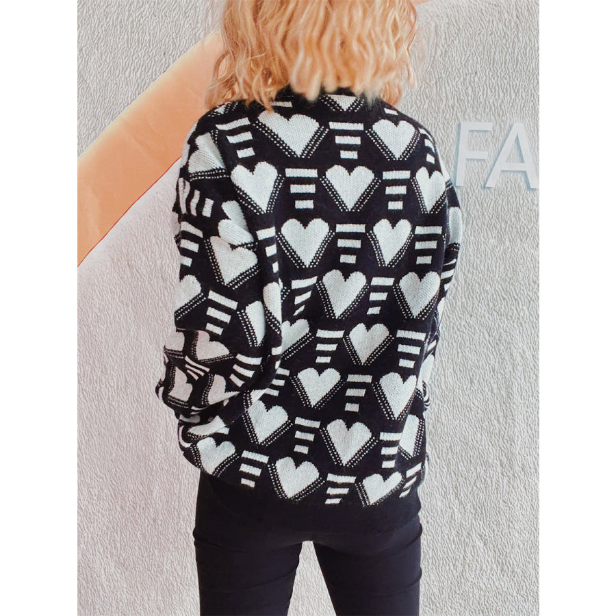 Heart Contrast Long Sleeve Dropped Shoulder Sweater Apparel and Accessories