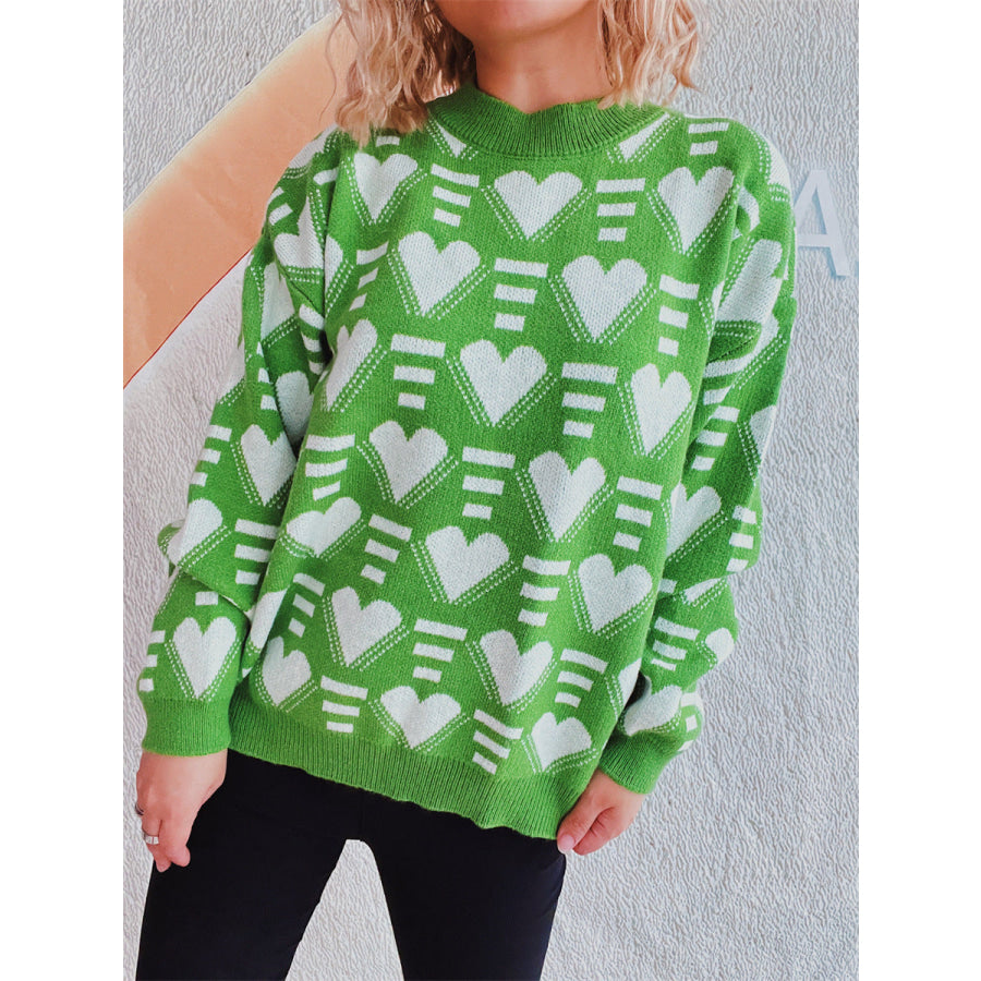 Heart Contrast Long Sleeve Dropped Shoulder Sweater Apparel and Accessories