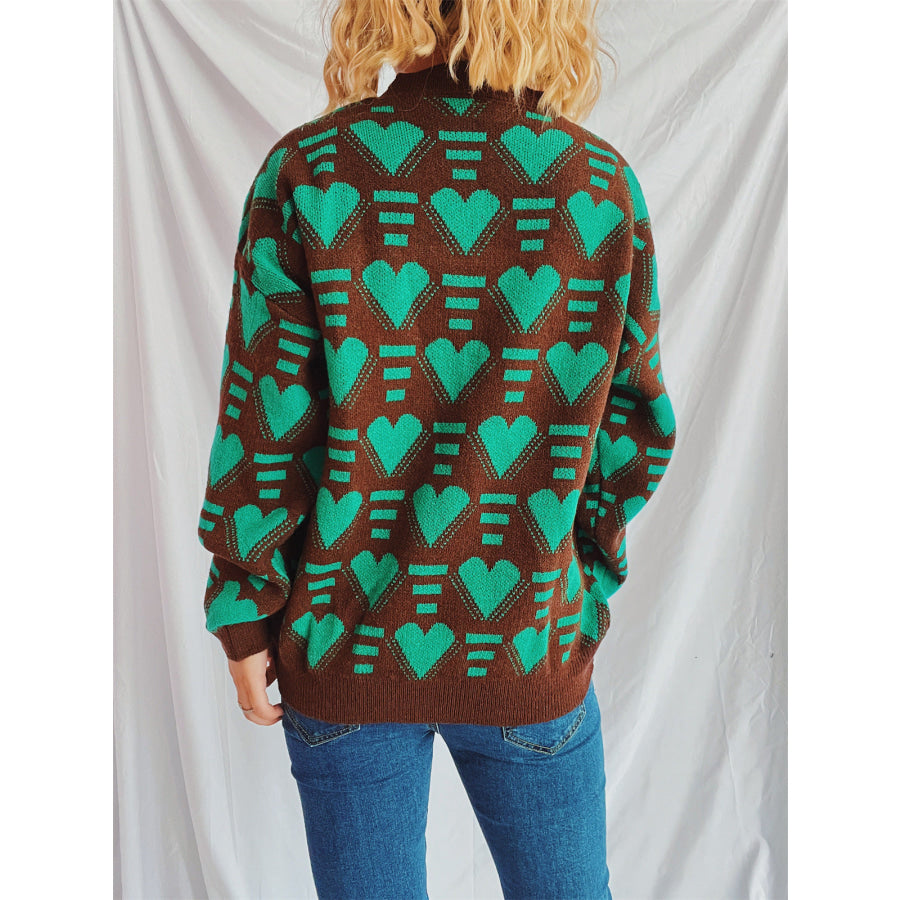 Heart Contrast Long Sleeve Dropped Shoulder Sweater Apparel and Accessories