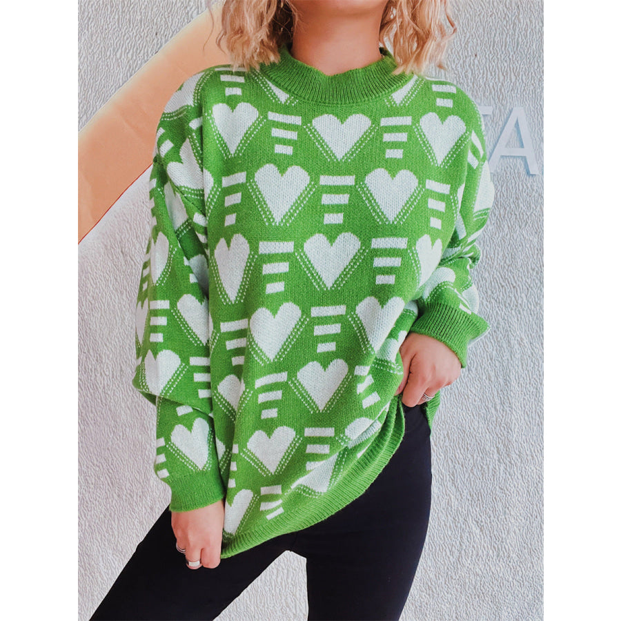 Heart Contrast Long Sleeve Dropped Shoulder Sweater Apparel and Accessories