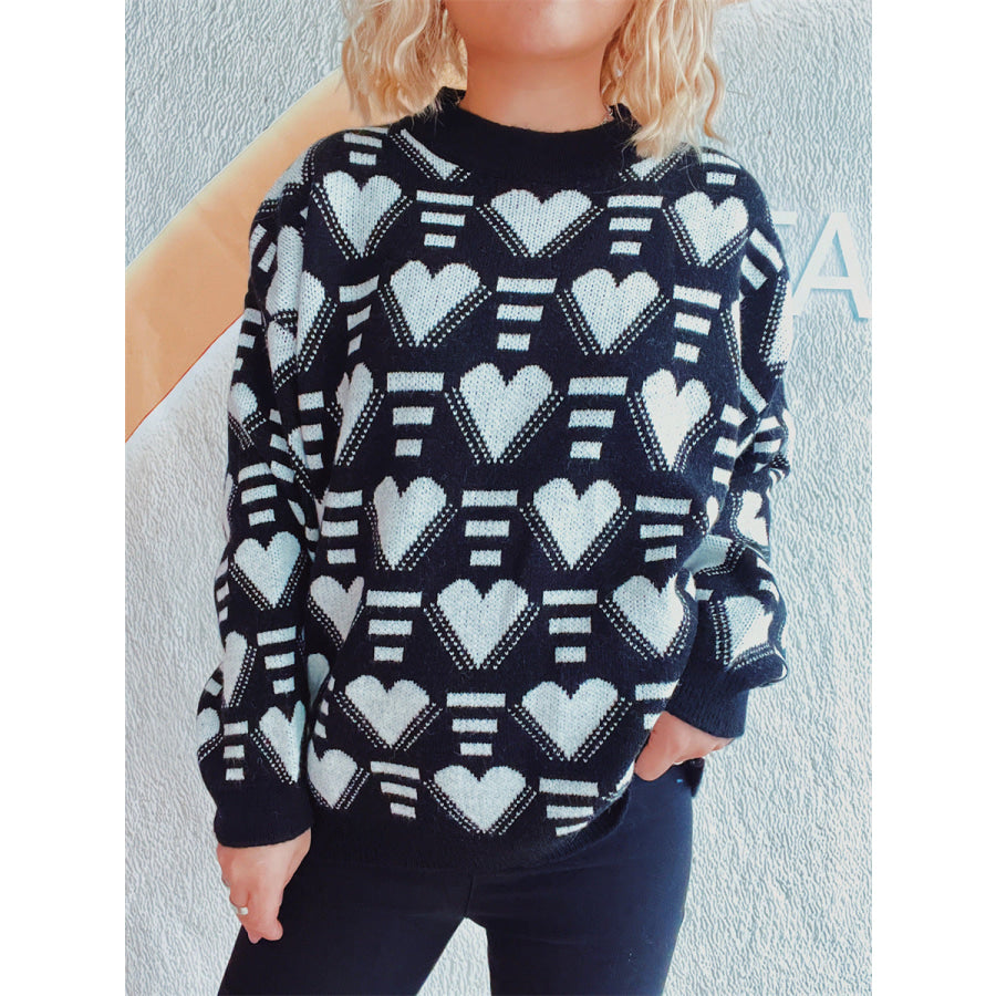 Heart Contrast Long Sleeve Dropped Shoulder Sweater Black / One Size Apparel and Accessories