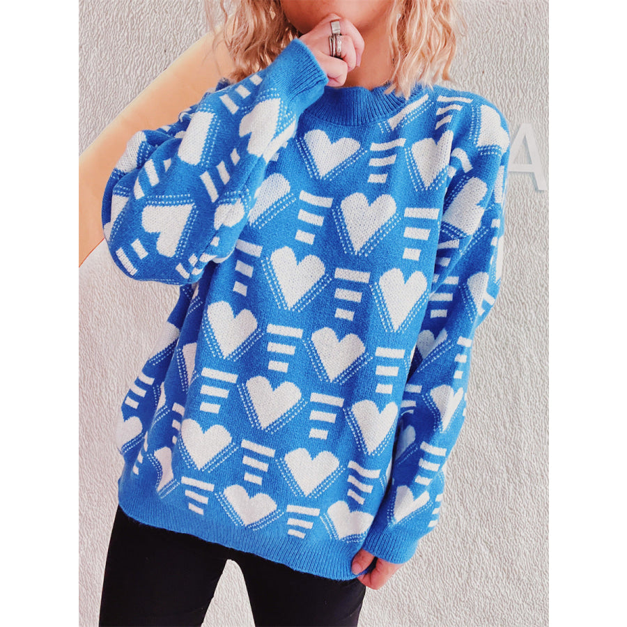 Heart Contrast Long Sleeve Dropped Shoulder Sweater Blue / One Size Apparel and Accessories