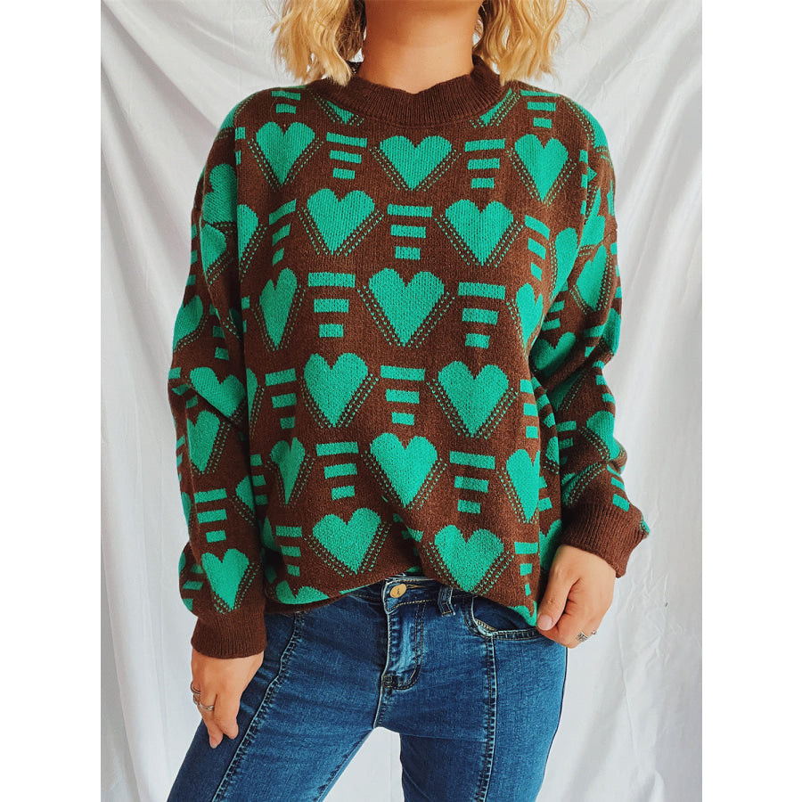 Heart Contrast Long Sleeve Dropped Shoulder Sweater Brown / One Size Apparel and Accessories