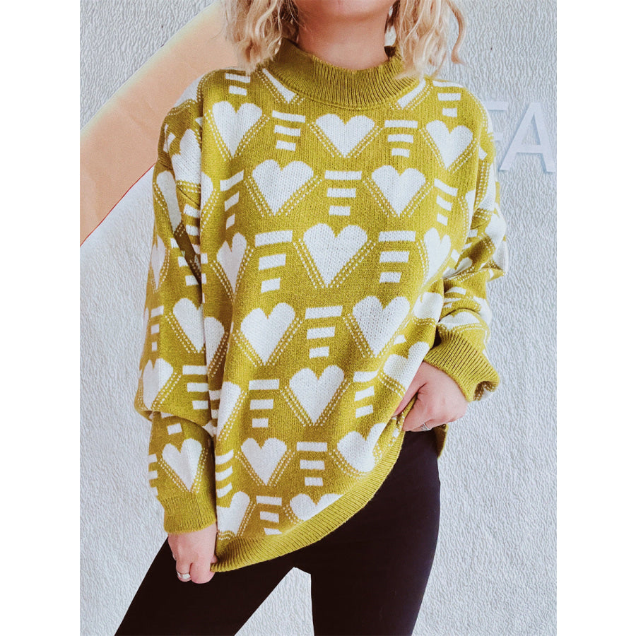 Heart Contrast Long Sleeve Dropped Shoulder Sweater Mustard / One Size Apparel and Accessories