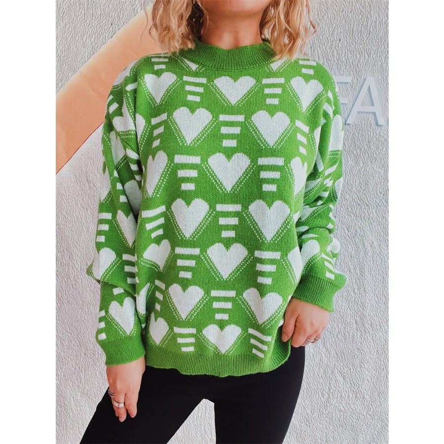 Heart Contrast Long Sleeve Dropped Shoulder Sweater Neon Green / One Size Apparel and Accessories