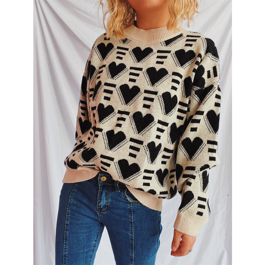 Heart Contrast Long Sleeve Dropped Shoulder Sweater Tan / One Size Apparel and Accessories