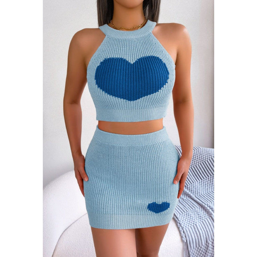 Heart Contrast Ribbed Sleeveless Knit Top and Skirt Set Sky Blue / S