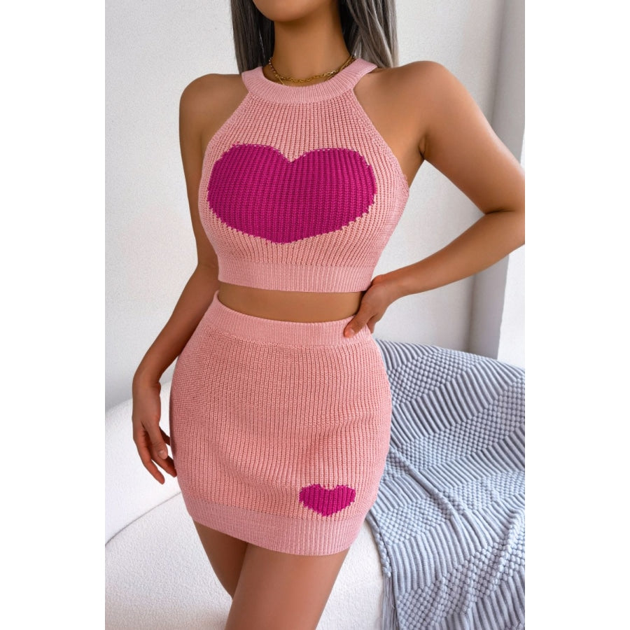 Heart Contrast Ribbed Sleeveless Knit Top and Skirt Set