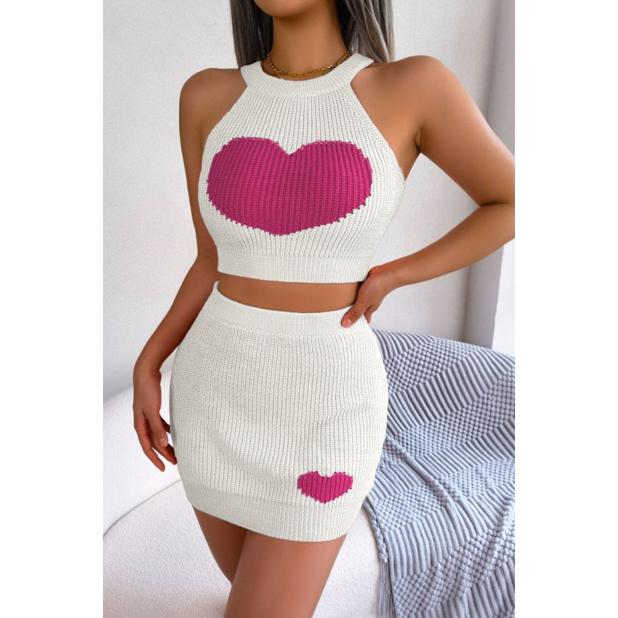 Heart Contrast Ribbed Sleeveless Knit Top and Skirt Set