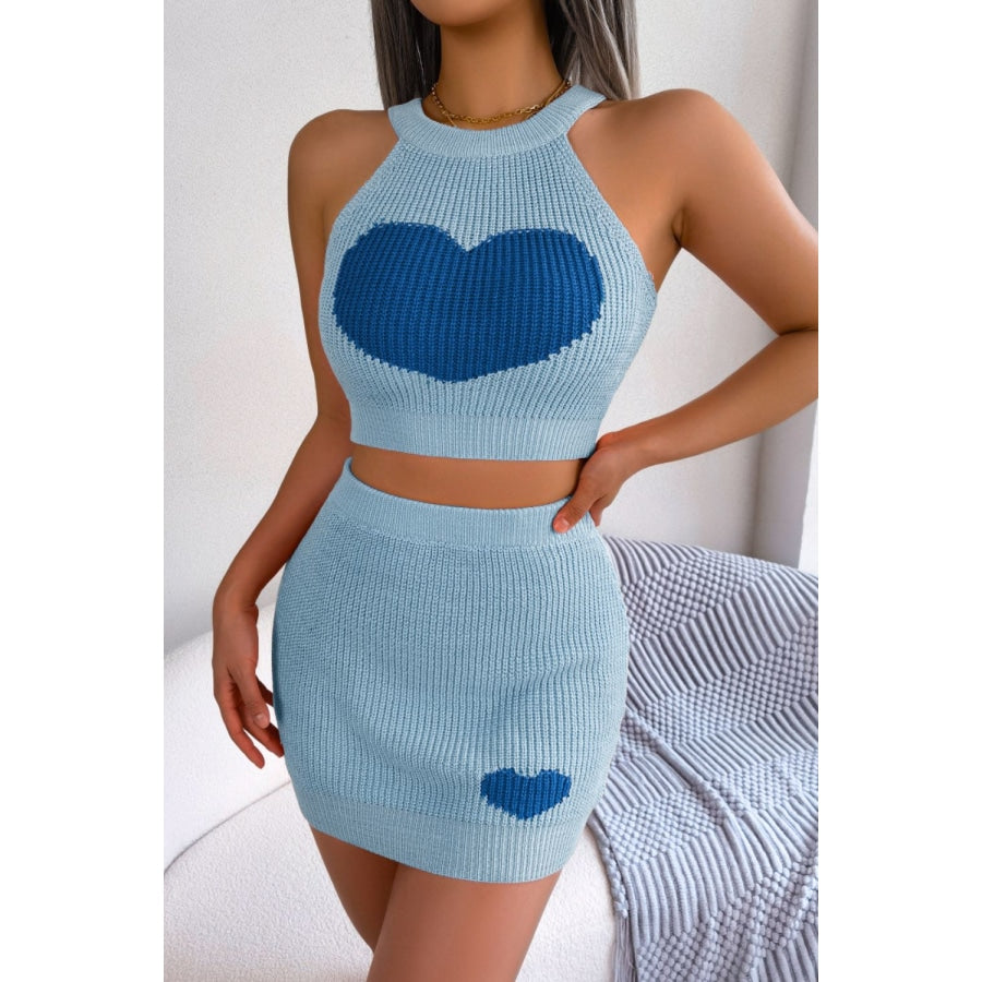 Heart Contrast Ribbed Sleeveless Knit Top and Skirt Set